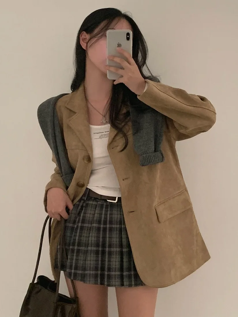 

Chic Korean Sle Women's Suit Jaet Autumn Vintage Classy Lapel Single Button Long Sve Color Polyester Outerwear