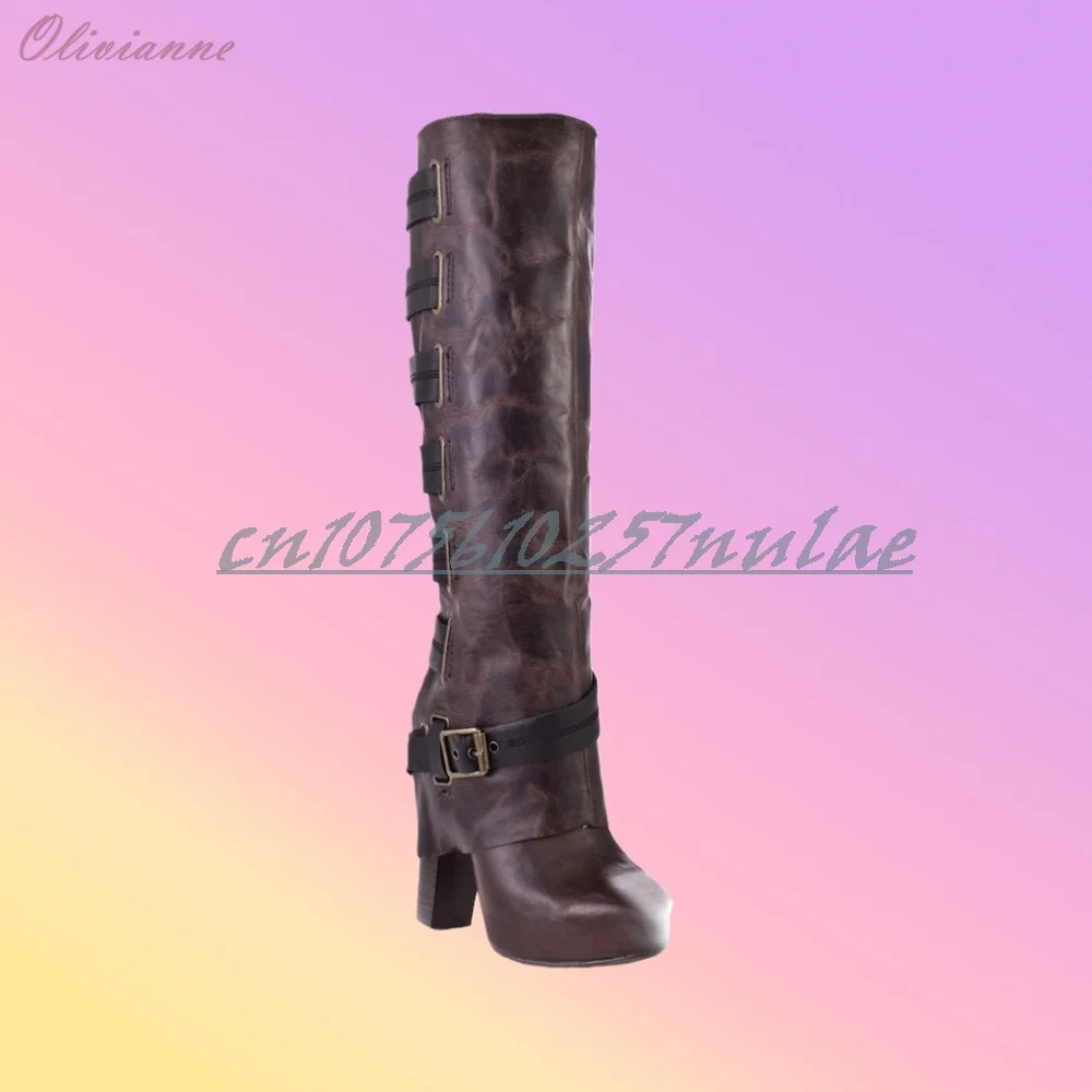 أحزمة جانبية حزام ريترو ستايل منتصف العجل الأحذية كعب عالي مكتنز سيدة جلدية موضة الحفلات مثير أحذية النساء Zapatos Para Mujere #2