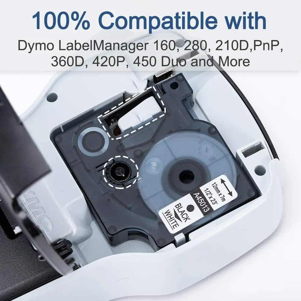 3-10PK 12mm Label Tapes Compatible for DYMO 45013 45010 D1 Tape Black on White for Dymo LabelManager 210D 120P Label Printer - Image 3