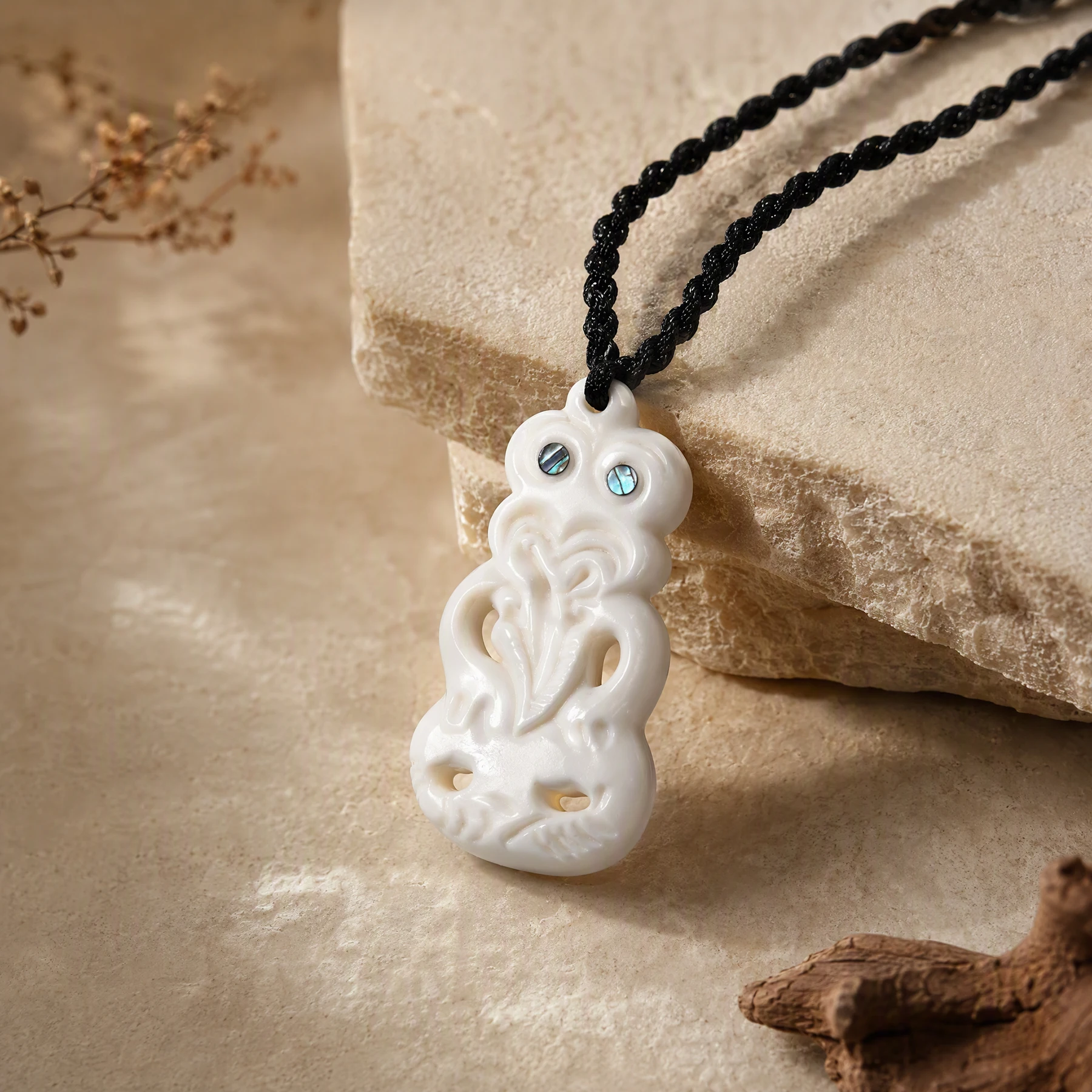 GX144 Neuseeländischer Maori Handgefertigter Yak-Knochen-TIKI-Anhänger, Totem-Amulett der primitiven Stämme, Rinderknochen mit Abalone-Muschel eingelegt – Detail 3