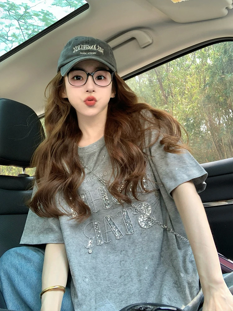 

Женская футболка свободного кроя с пайетками и принтом Tie Dye, летний повседневный топ в американском стиле с тяжелым дизайном