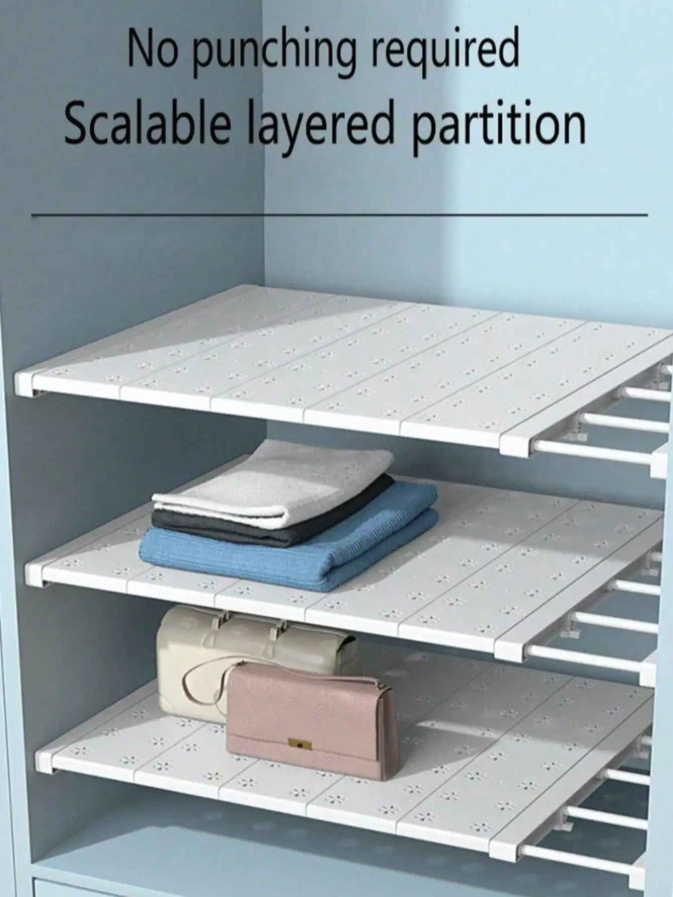 1 Pc Adjustable Closet Tension Shelf Modern White Plastic Metal No Drill Divider Rack Expandable Cabinet Storage Organizer Unit Heavy Duty Floating Shelf Holder For Wardrobe Shoe Rack Kitchen Under Sink Housewarming Gift view 2