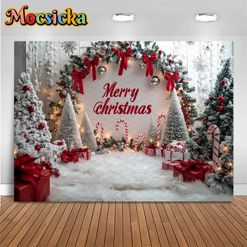 Mocsicka Merry Christmas การถ่ายภาพฉากหลัง Xmsa ต้นไม้สีขาว Snowman ของขวัญตกแต่งเด็กภาพพื้นหลังวอลล์เปเปอร์