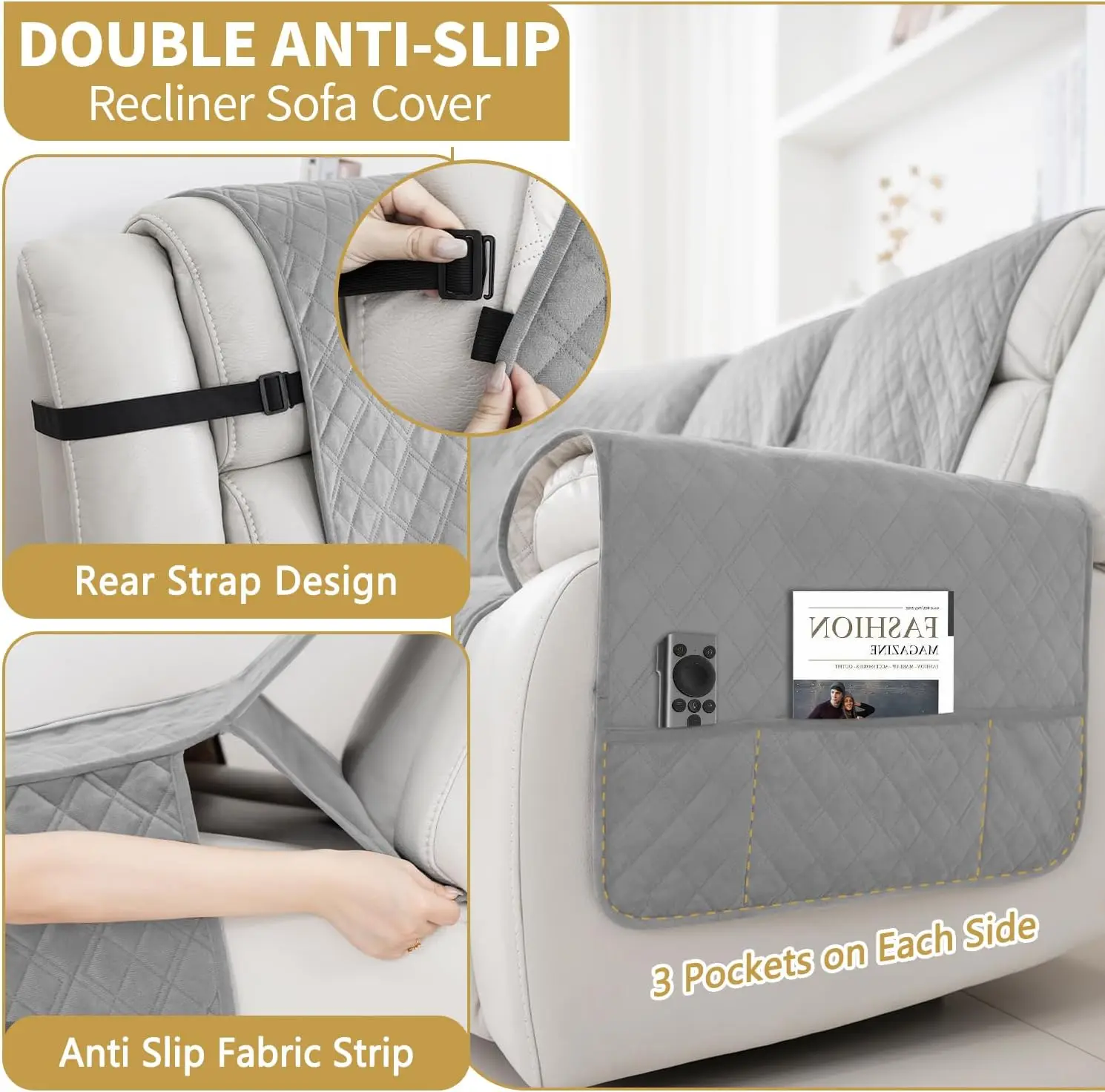 Capa de sofá secional reclinável à prova d'água antiderrapante lavável em forma de L 5 assentos 1 console cinza prateado