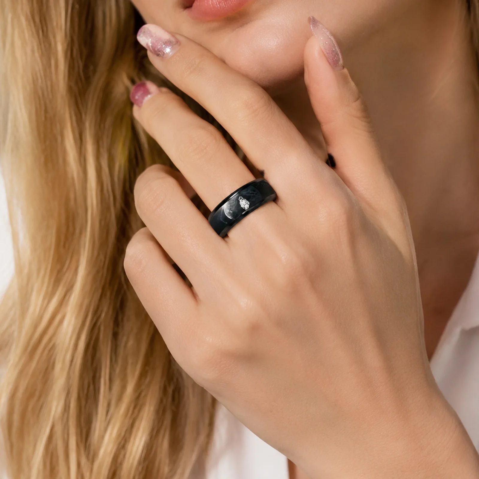 Fashion 8MM Astronaut Stainless Steel Rings Set Polished Wedding Unique Double Beveled Black And White Stainless Steel Jewelry