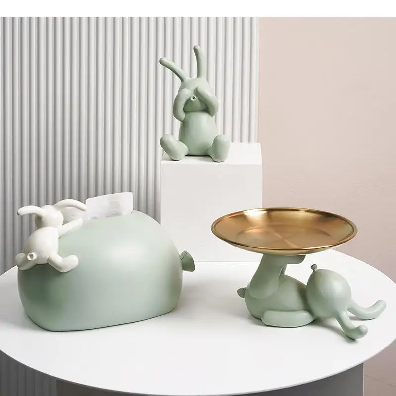 Cute Rabbit Tissue Box Resin Living Room Animal Candy Fruit Tray Sculpture Crafts Girl Decoration Birthday Gift