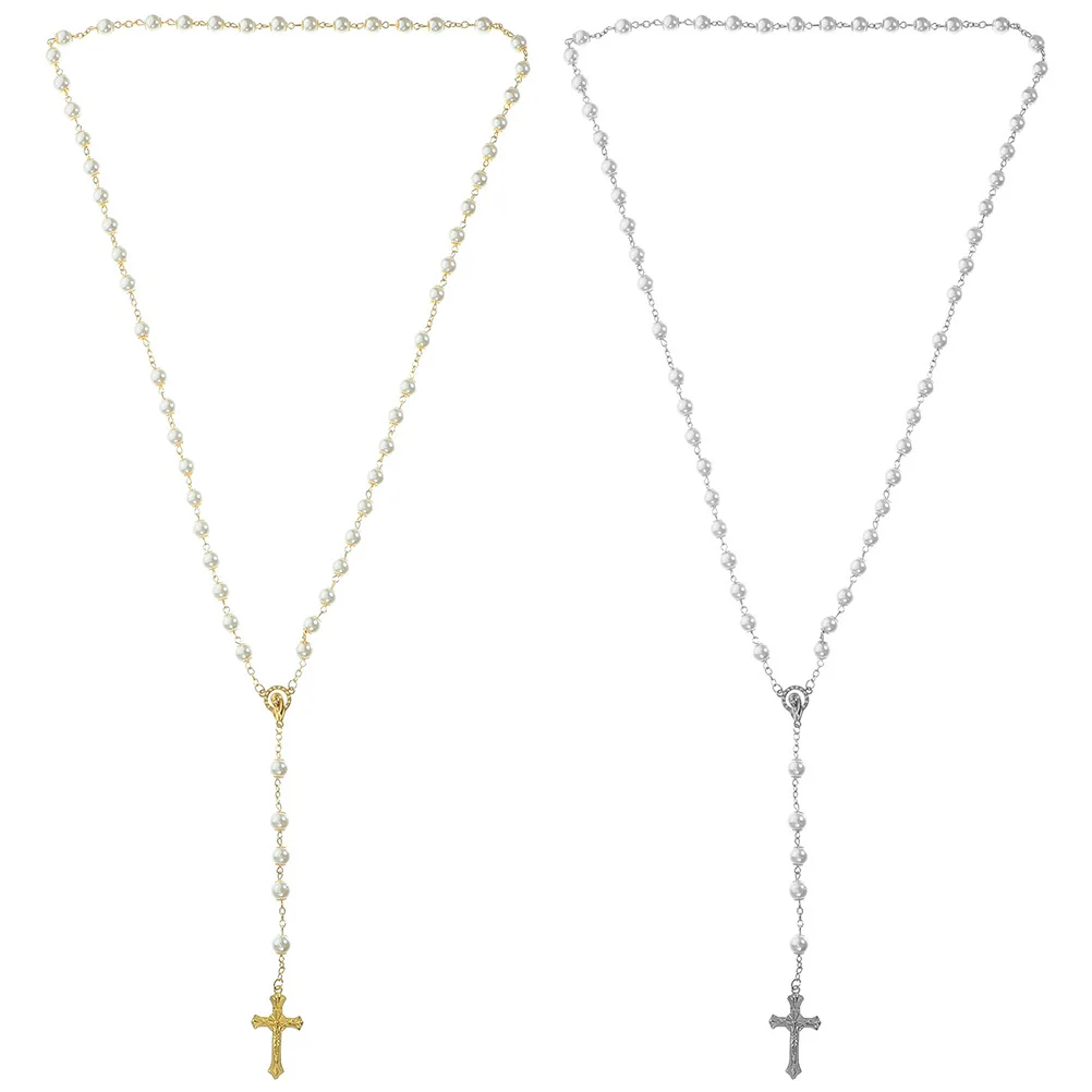 

2pcs Pearl Necklace Cross Pendant Vintage Chain For Women Fashion Jewelry Crucifix Necklaces Daily Wear Wedding Party