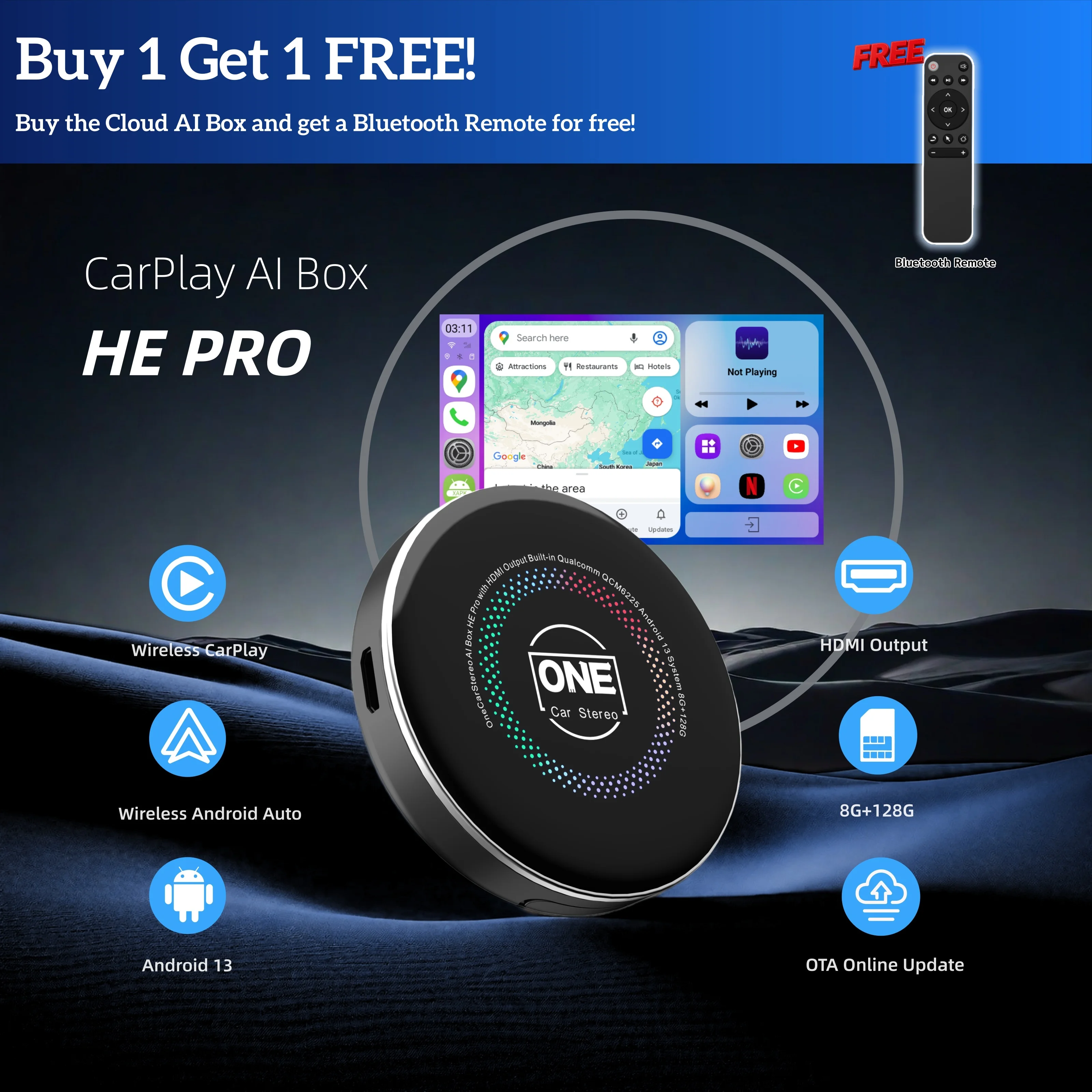 OneCarStereo Wireless CarPlay AI Box for Android Auto