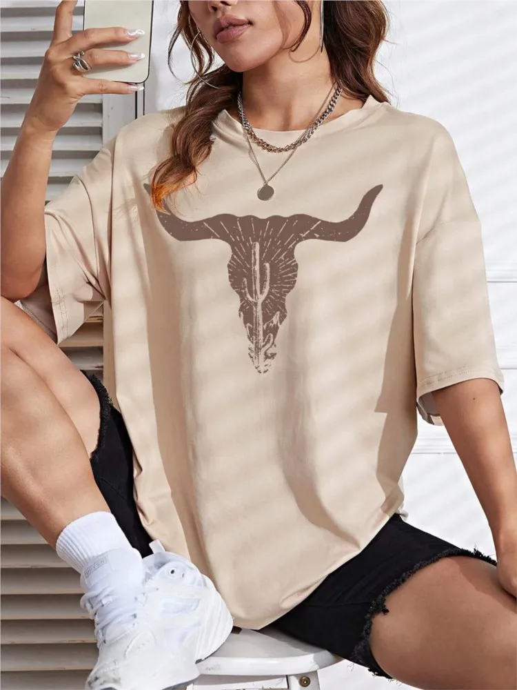 NEW Spring Cotton Womans T-Shirts Simple Cattle Printing Short Sleeve Tees Fashion Casual Female Clothes Comfortable Street Tops