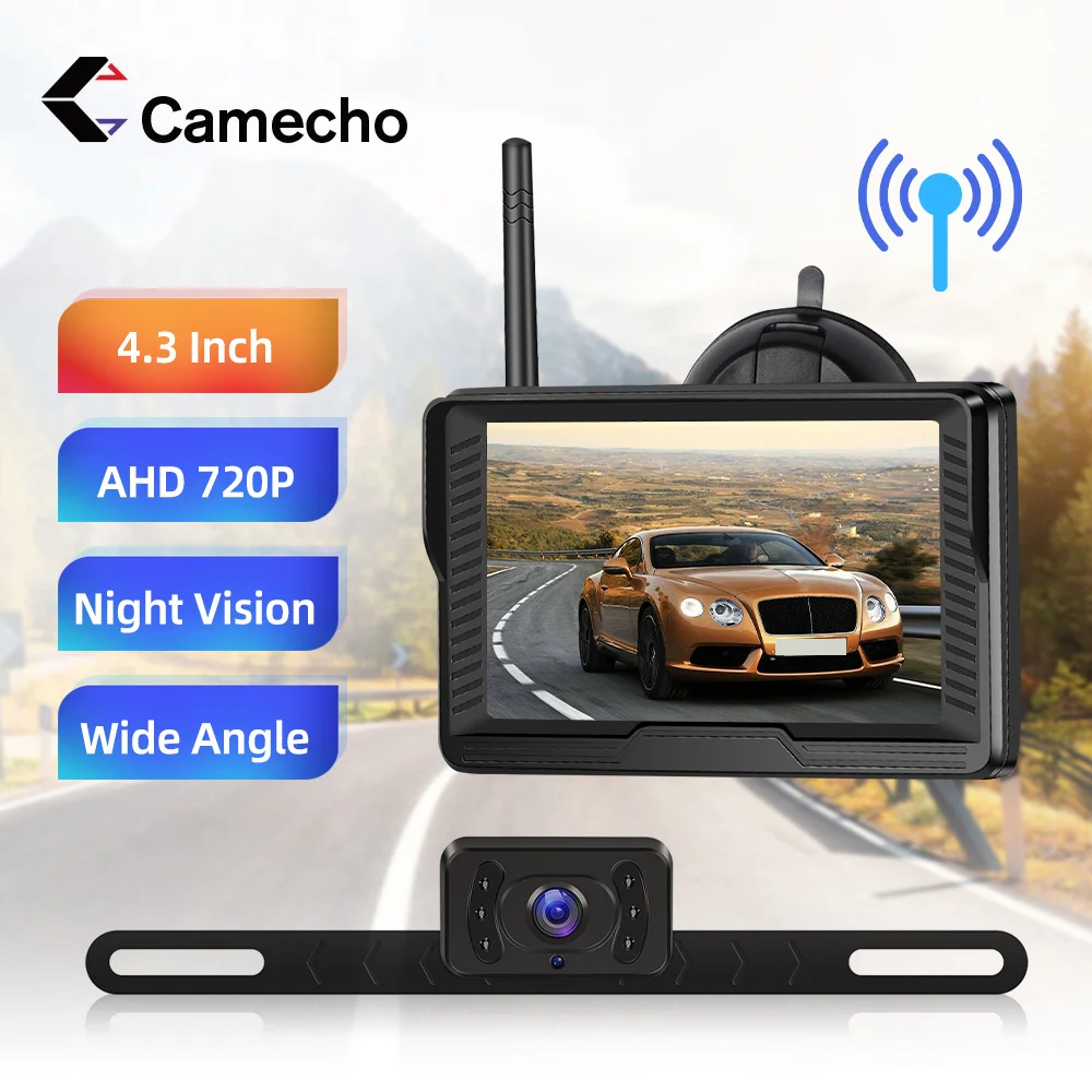 Camecho Car Monitor 4.3 inch HD IPS Screen Wireless Reverse Camera Long Range Waterproof Night Vision Rear View Camera Monitor