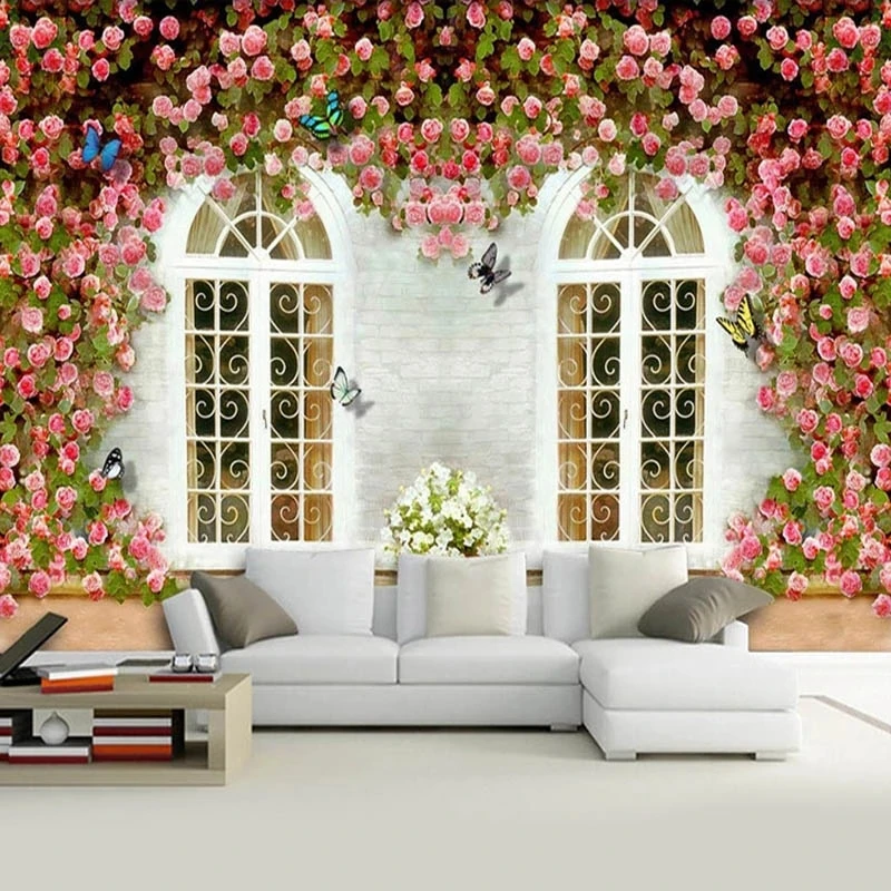 Customized Mural Creative Flowers Window Wall Wallpaper Butterfly Living room TV background wall bedroom restaurant wall fabric