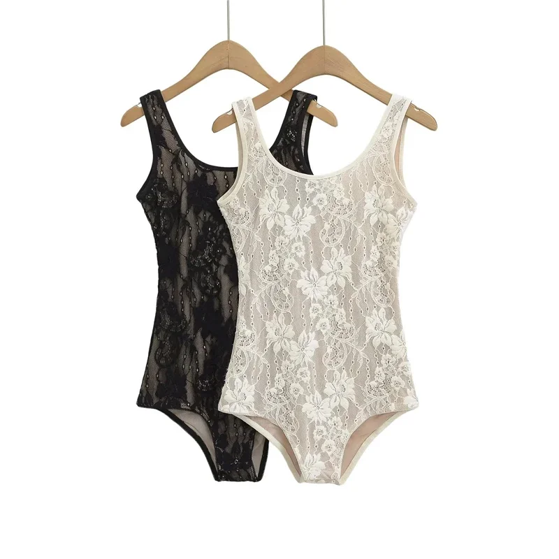 Body de encaje de doble capa sin mangas para mujer con detalle de espalda baja