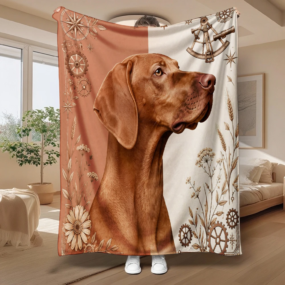 Vintage Vizsla Dog And Gears, Pet Lover Gift, Soft Fleece Blanket, Rustic Botanical Art Design, Multi-Purpose Home Decor, Cozy W