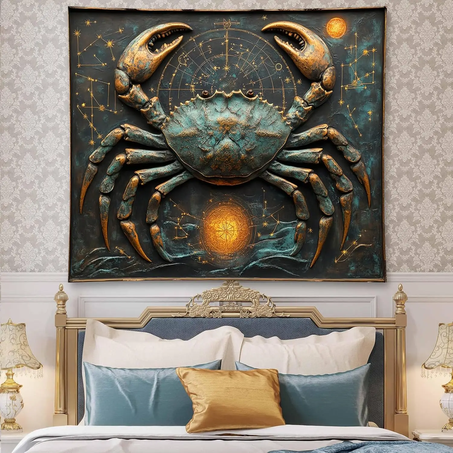 Mystical Zodiac Astrology Crab Tapestry Celestial Constellation Wall Hanging Bohemian Boho Cosmic Starry Home Decor Art Canvas P