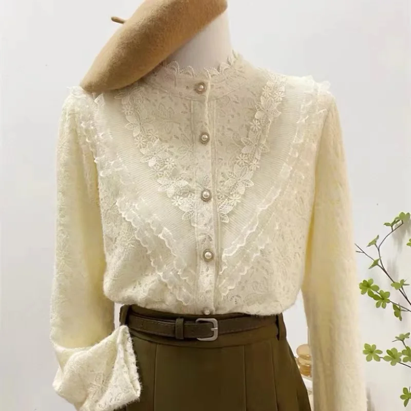 Lace Embroidery Stitch Shirts and Blouses For Women\'s Spring Autumn New Fashion Beige Shirt Long Sleeve Office Lady Elegant Top