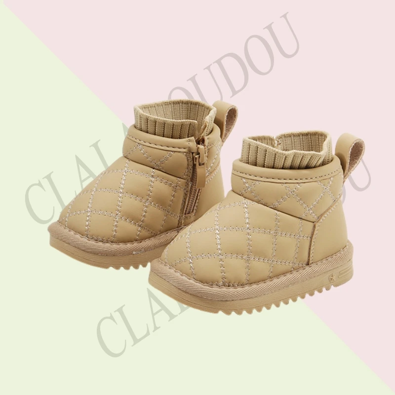 Claladoudou New Leather Snow Boots For Kids Girls Boys Solid Sewing Winter Zip Ankle Boots For 0-6years Children Woman Shoes