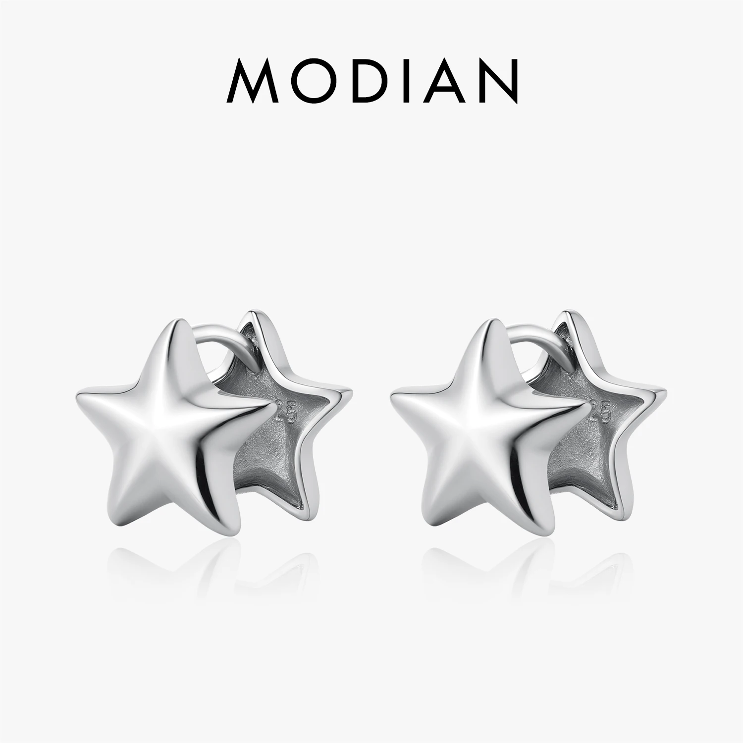 MODIAN 925 Sterling Silver Simple Double Side Mirror Pentagrams Hoop Earrings Fashion Stars Buckle For Women Fine Jewelry