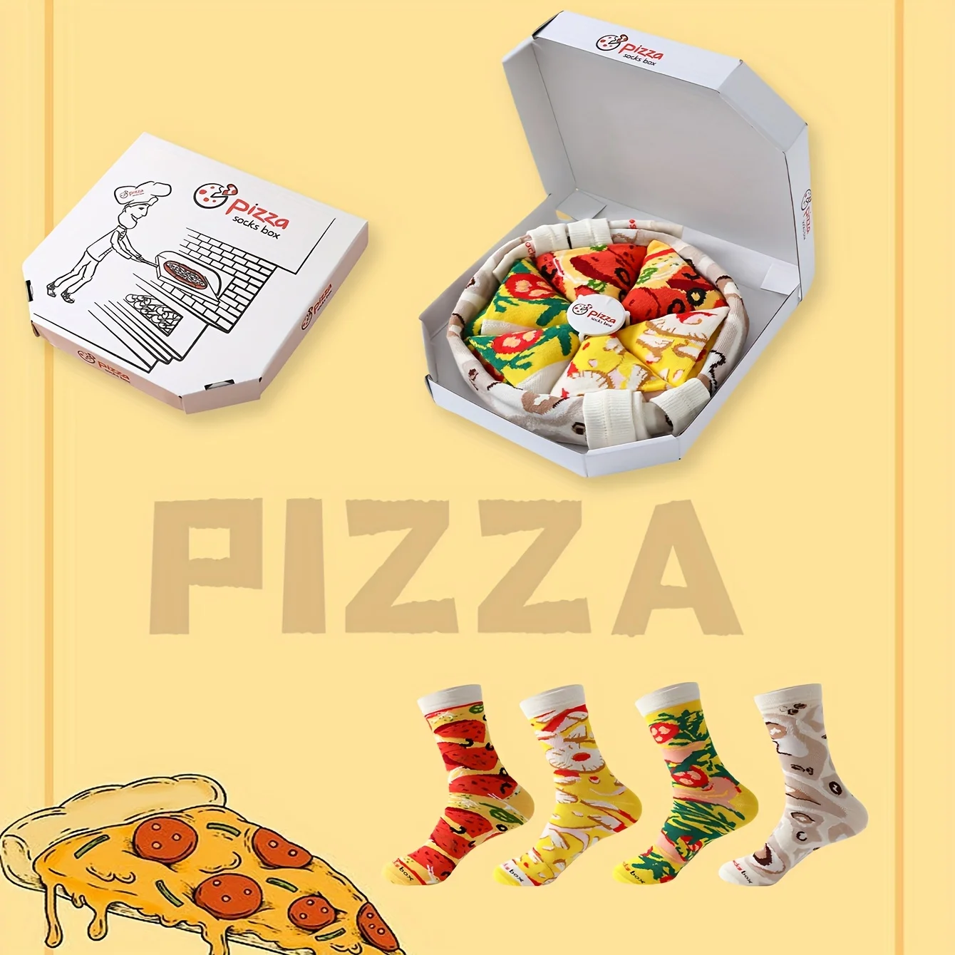 Four pairs of unique and colorful pizza patterns for men and women, gifts for friends on Halloween, socks for all four seasons