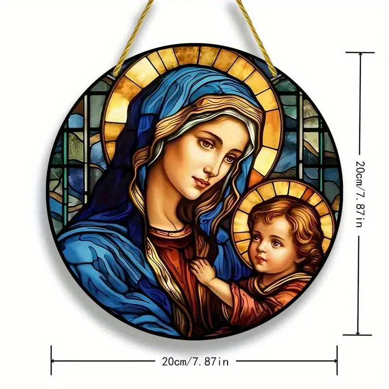 Acrylic Painting Sacred Virgin Mary and Child Jesus with Golden Halos Stained Glass Style Round Wall Decor, 2D Flat Printing Rel