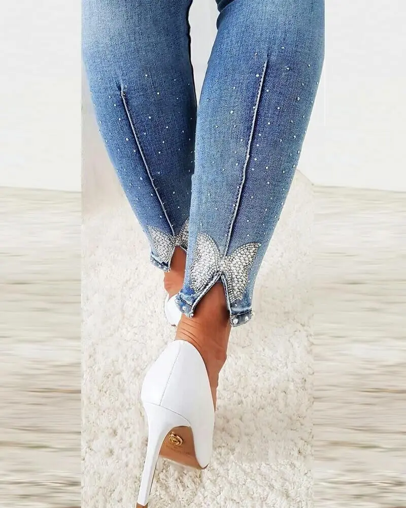 Jeans azul para as mulheres, calças lápis slim-fitting com um tamanho grande, com um tamanho grande