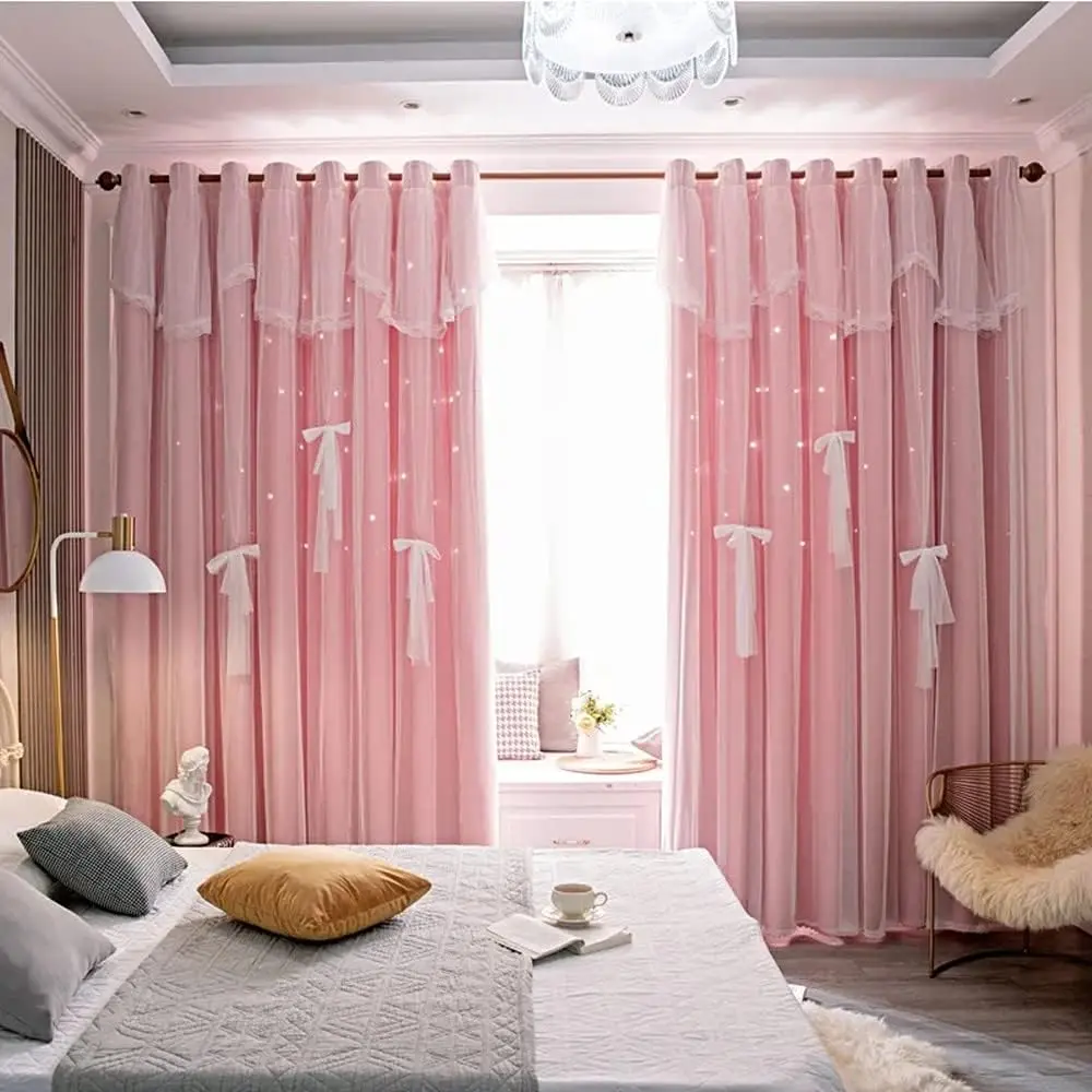 

1 Panel 140cm Width Star Double Layer Curtain with Bows Hollowed Out Star Curtains for Girls Room