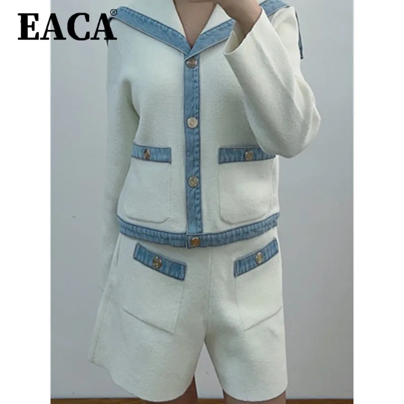 

EACA Temperament Solid Color Design Sense 2025 Spring/summer New Denim Splicing Navy V-neck Knit Top Shorts Two-piece Set