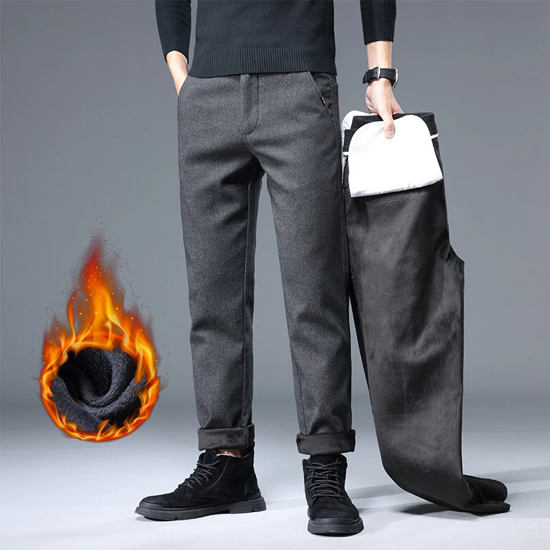 

Толстые шерстяные флисовые повседневные брюки для мужчин, новые зимние облегающие прямые деловые теплые бархатные брюки, мужская брендовая одежда