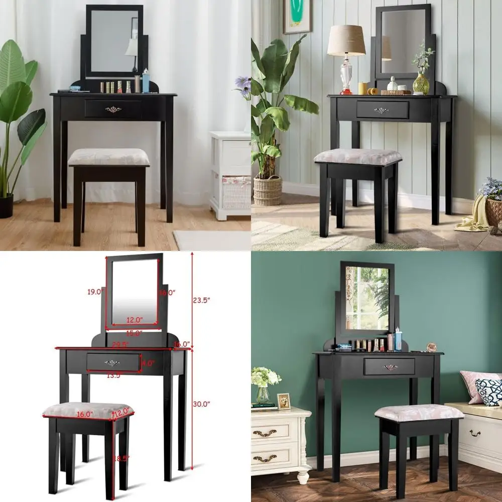 

Makeup Vanity Table with 360° Swivel Mirror and Storage Drawer, Cushioned Stool Included, Black