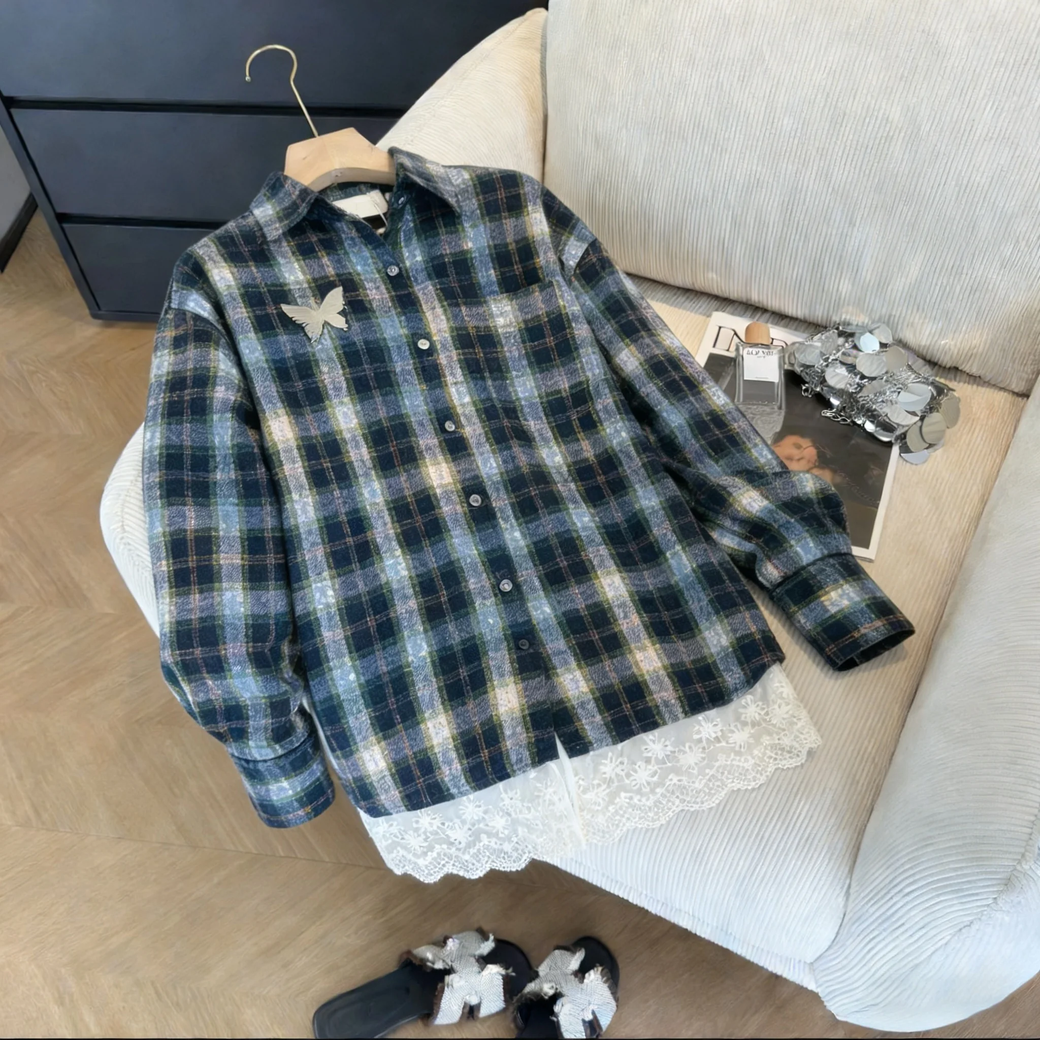 

Винтажная женская рубашка в клетку свободного кроя с длинным рукавом, отложным воротником, модная, для многослойных образов, весна-осень