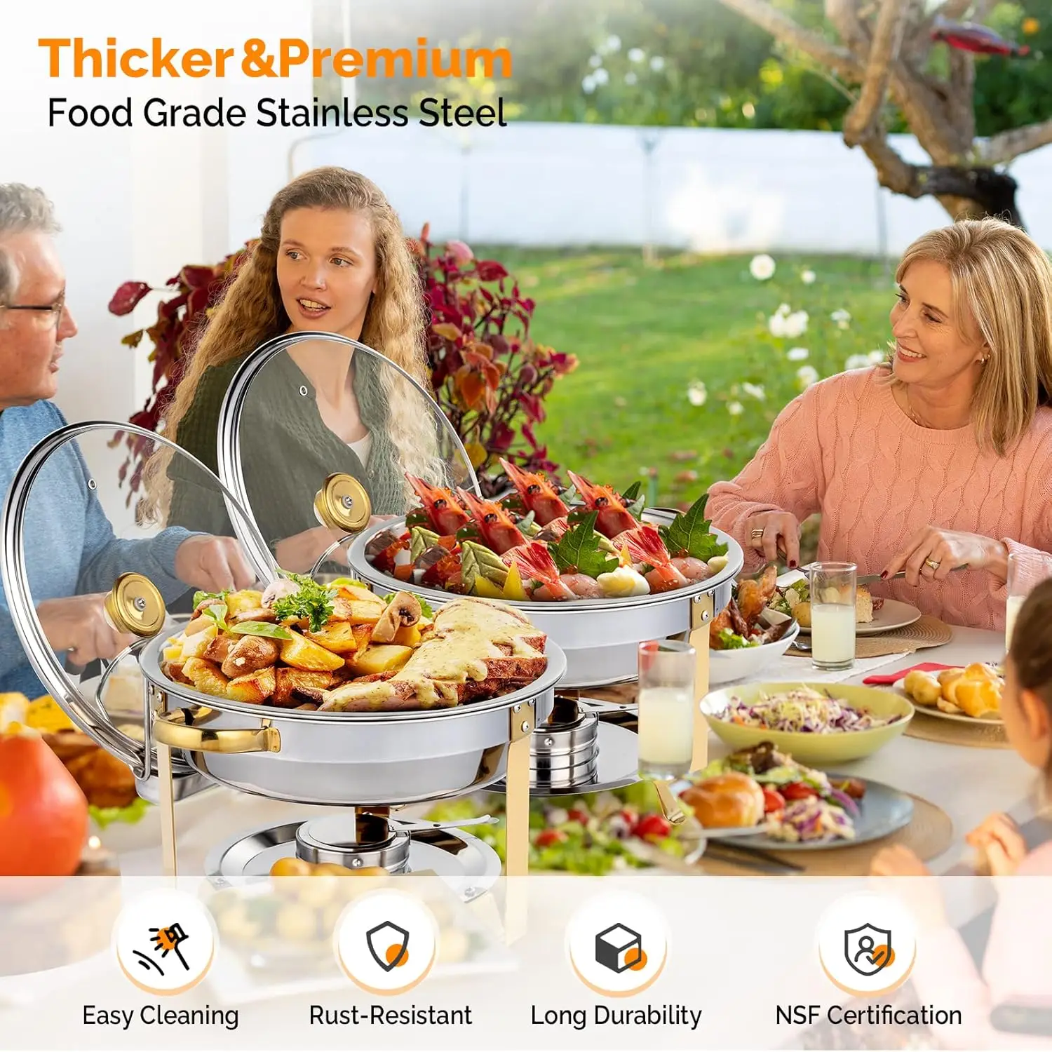 

5QT, 4 упаковки, набор буфетов для жаровни, золотой акцент, круглые наборы шезлонгов и подогревателей из нержавеющей стали NSF