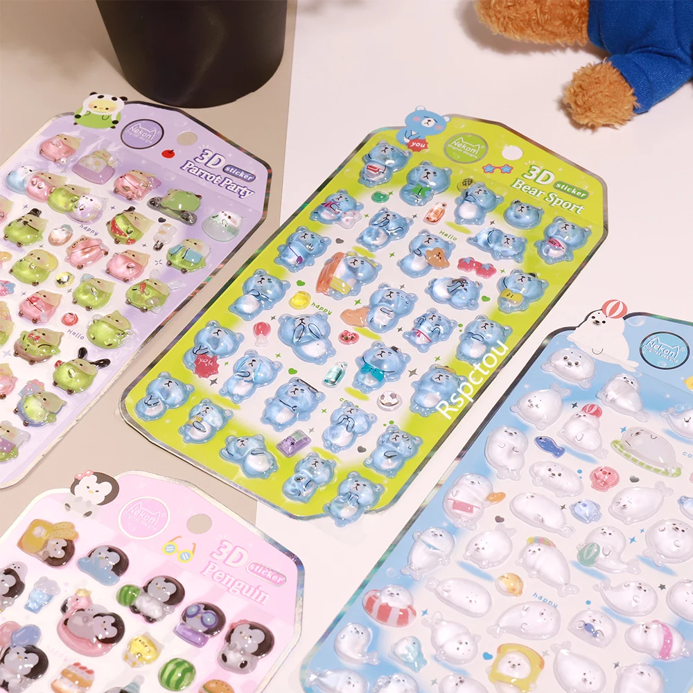 

1pcs Kawaii Penguin Seal Animals Party Relief Stickers Cute Cartoon 3D Crystal Sticker Laptop Fridge Phone Reward Decals Decor