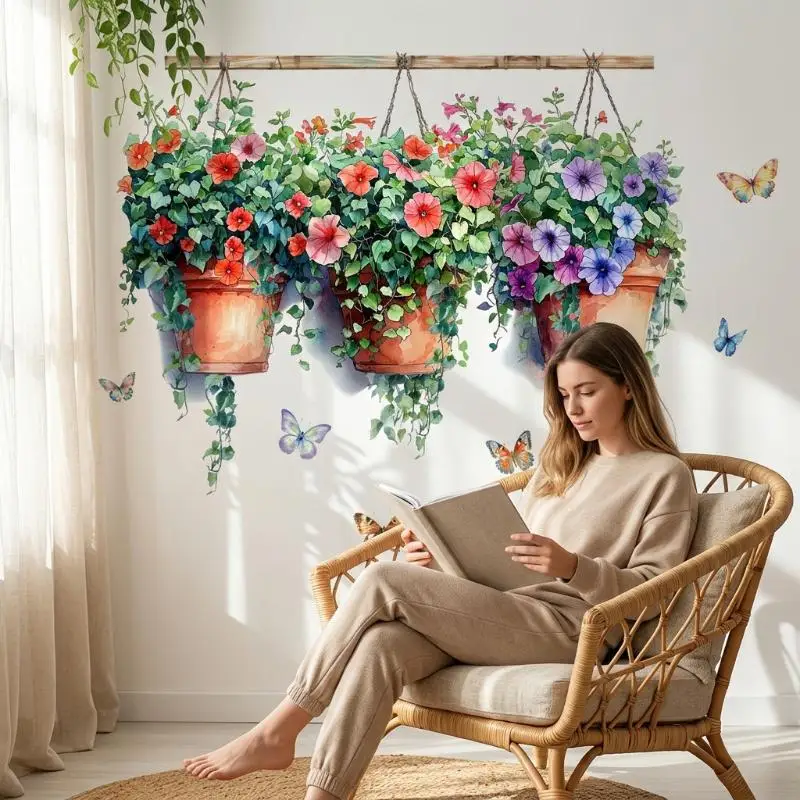 Morning Glory Potted Flower Print PVC Self Adhesive Stickers Eco-friendly Decals for Nursery Glass Window Wall Decor