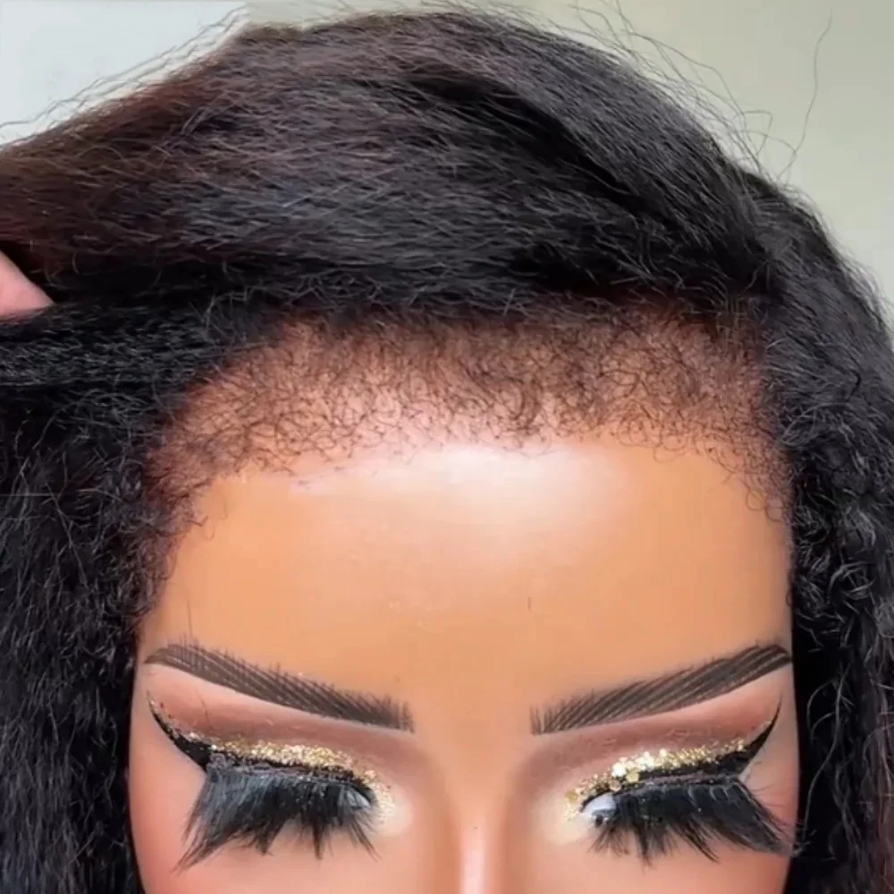 สีดําธรรมชาติ 26 นิ้วนุ่มยาว Glueless Kinky ตรงวิกผมลูกไม้ด้านหน้าสําหรับผู้หญิงที่มีผมเด็กสังเคราะห์ก่อน Plucked ทุกวัน