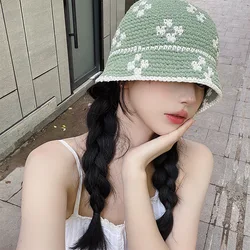 Flower Knitted Hat Korean Version Spring Summer Crochet Fisherman Cap Women Handmade Panama Bucket Hats Sombreros De Mujer