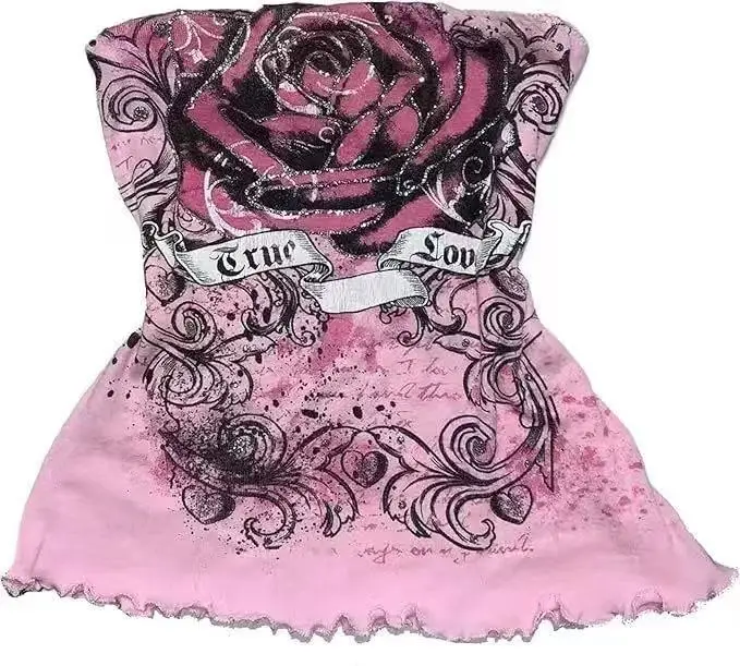 Y2K Grunge Tube Top Pink Rose True Love Scroll Print Strapless Ruffled Raw Hem Slim Fit Vintage Punk Streetwear Bandeau