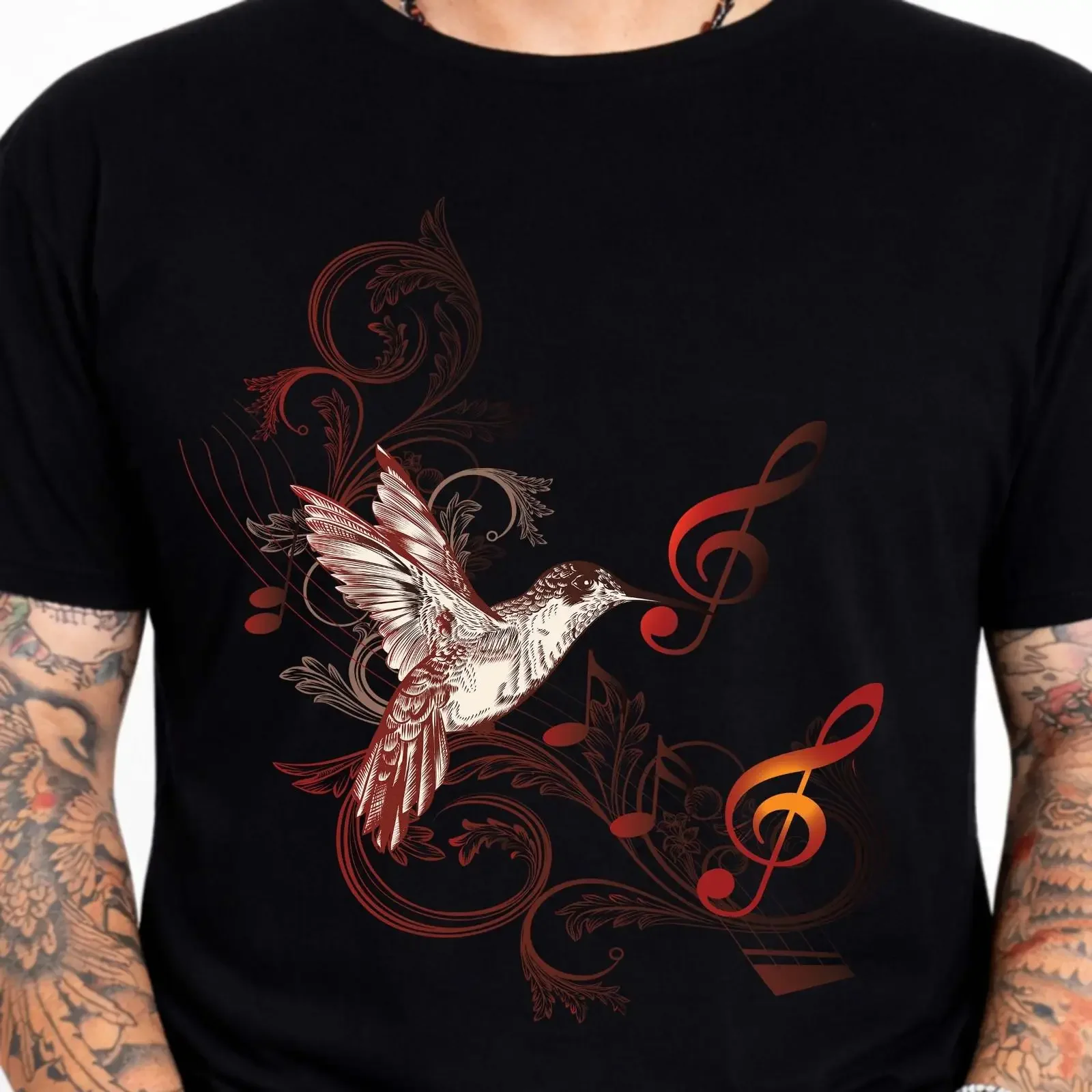 Kolibri Grafik T Shirt Vogel Kunst Natur Design mit Musik Noten vintage Washed Breathable graphic Slightly Comfortable Casual