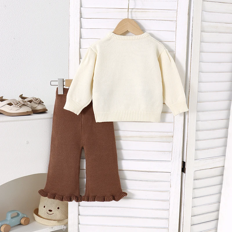 Baby Clothes Set Knit Newborn Girl Sweater Long Sleeve Pants Autumn Infant Kid Pullover Fashion 3D Bows Trousers Solid Tops 2PCS