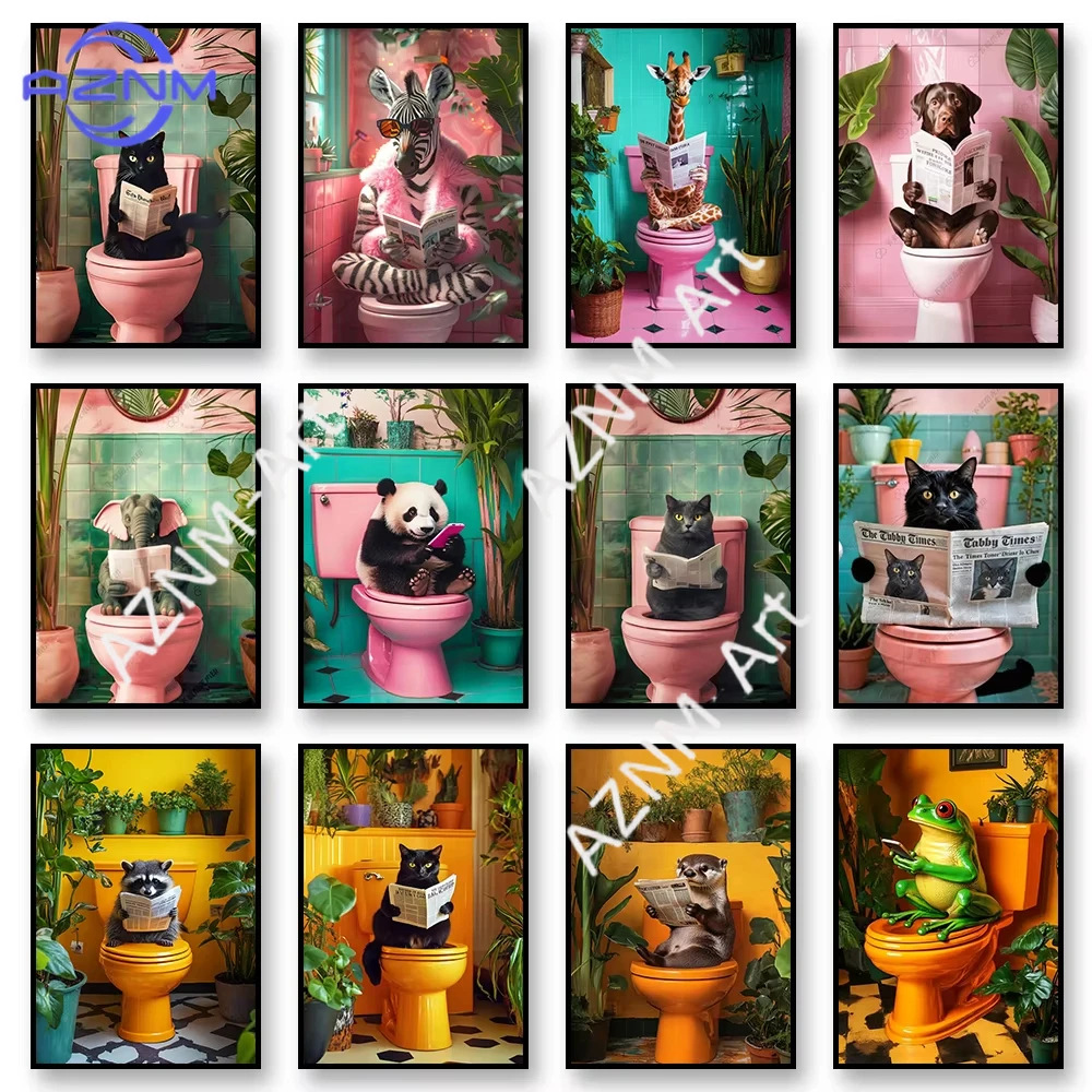 1 Stück, Badezimmer-Wandbild mit Katze am WC, Leinwanddruck, lustiges Tier-Dekorationsgemälde, Heimdekoration, Geschenk, ungerahmt