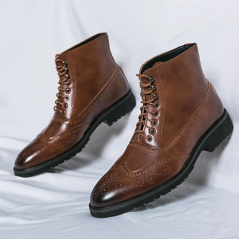 Brown Brogue Men Short Boots Lace-up Ankle Handmade Square Toe Motorcycle Boots with Men Boots Zapatos Hombre