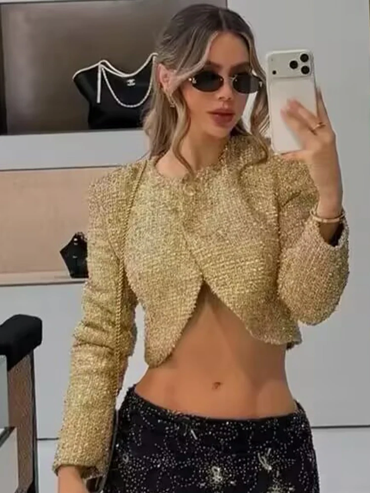 SLTNX Damen-Jacke mit strukturiertem Metallic-Faden, kurz geschnitten, offener Stich, lange Ärmel, Frühlings- und Sommer-Oberbekleidung