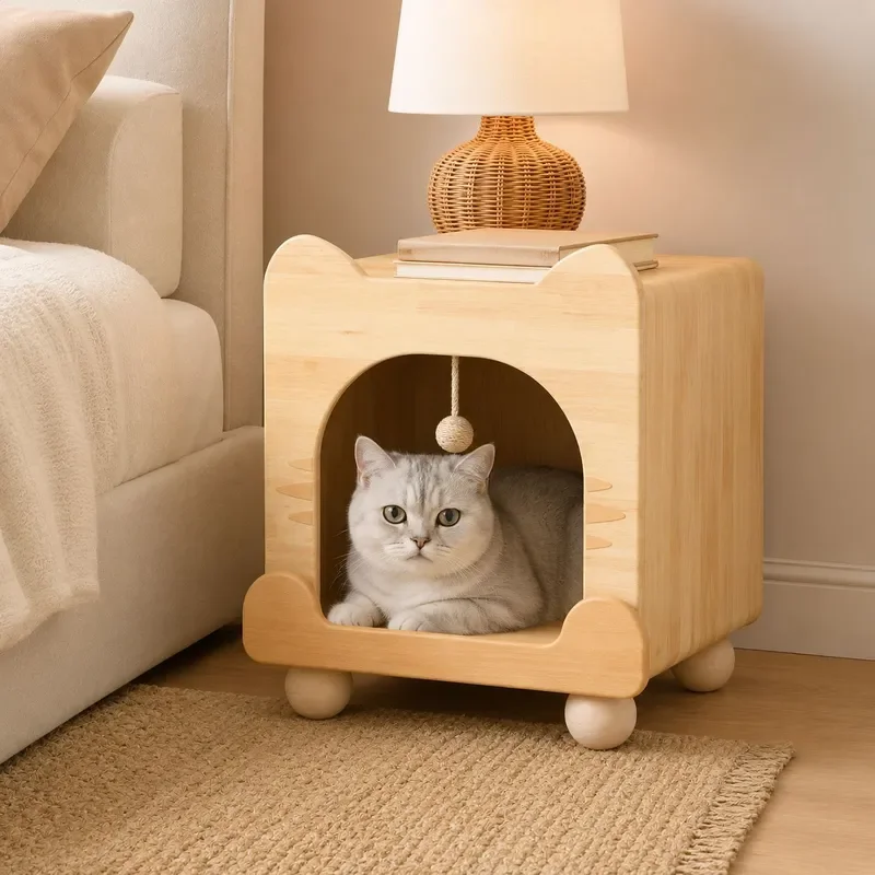 Custom Solid Wood Cat Cabinet Bedside Table Scratch Resistant Pet Nest Furniture Four Seasons Universal Home Decor