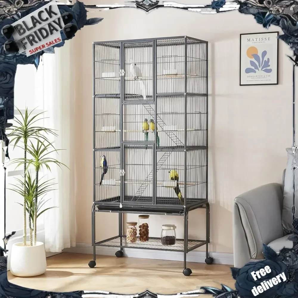 69inch Height Large Bird Cages Parrot Cage Wide Flight Metal Animal Cage for Budgie Parakeet Conure with Rolling Stand Wheels