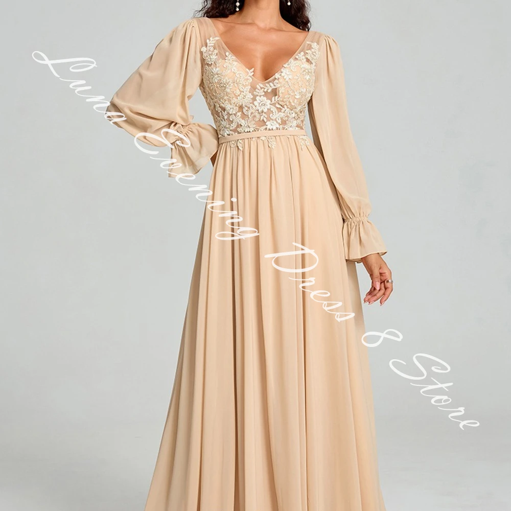 Customized Luxury Jersey A-Line Evening Dress V-Neck Floor Length Long Sleeves Photo Color Party Gowns Saudi Arabia 2024