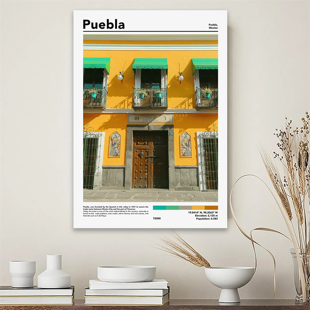 Póster de Puebla, impresiones artísticas de pared de México, póster de viaje de México, arte de pared de México, pintura en lienzo de paisaje, decoración del hogar
