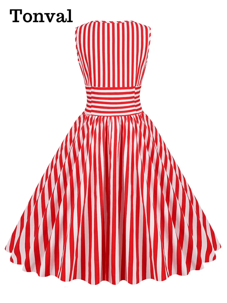 Tonval Red and White Striped High Waist Rockabilly Vintage Cotton Dresses Women O-Neck Sleeveless Pinup 50s Pleated Dress