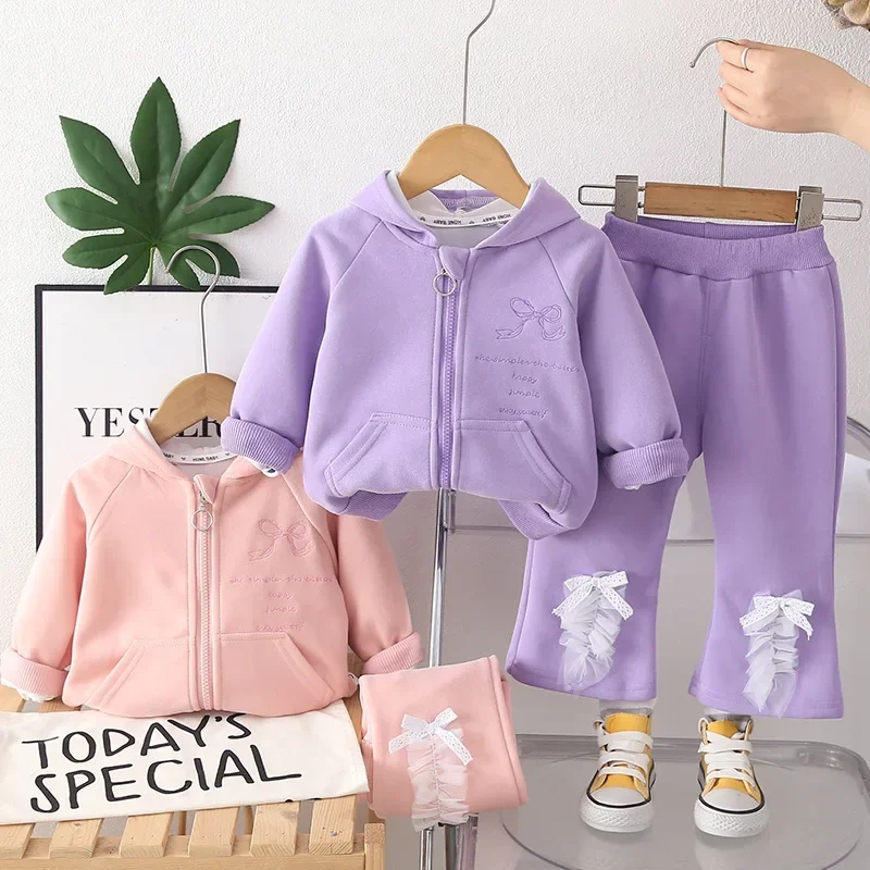 

2PCS Girly Bow Detail for Girls Toddler Cotton Hooded Jacket Flare Pants 2026 Spring School Outfit Casual Wear