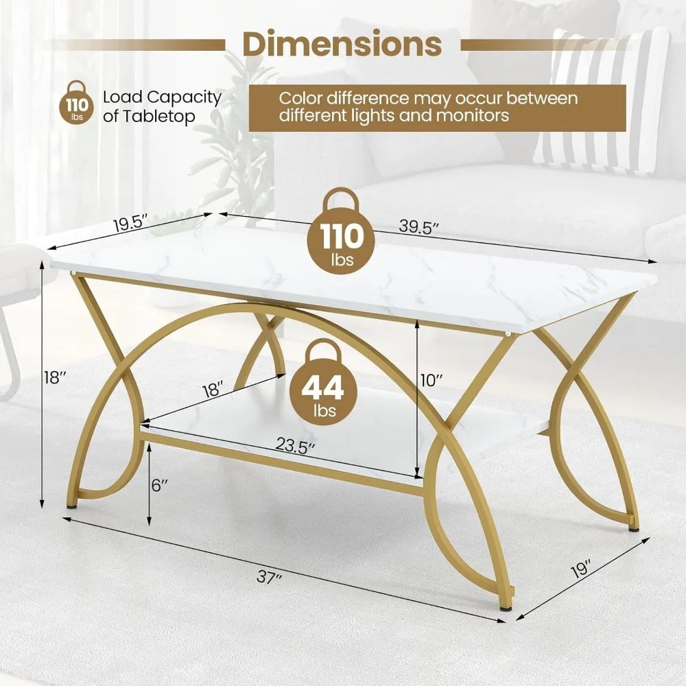 2-Tier Faux Marble Table with Storage,  Metal Frame Rectangular End Table for Living Room & Office