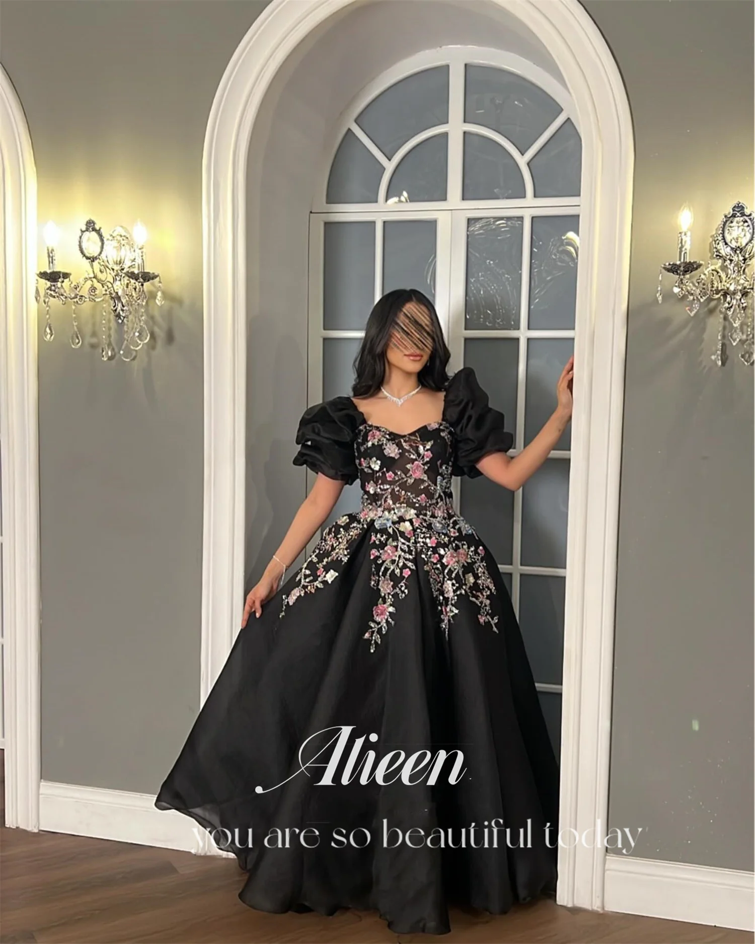 Aileen Sequin Embroidery Puff Sleeves Black Lace Luxurious Royal Engagement Dress Es Saudi Evening Dresses 2024 Luxury Prom Gown