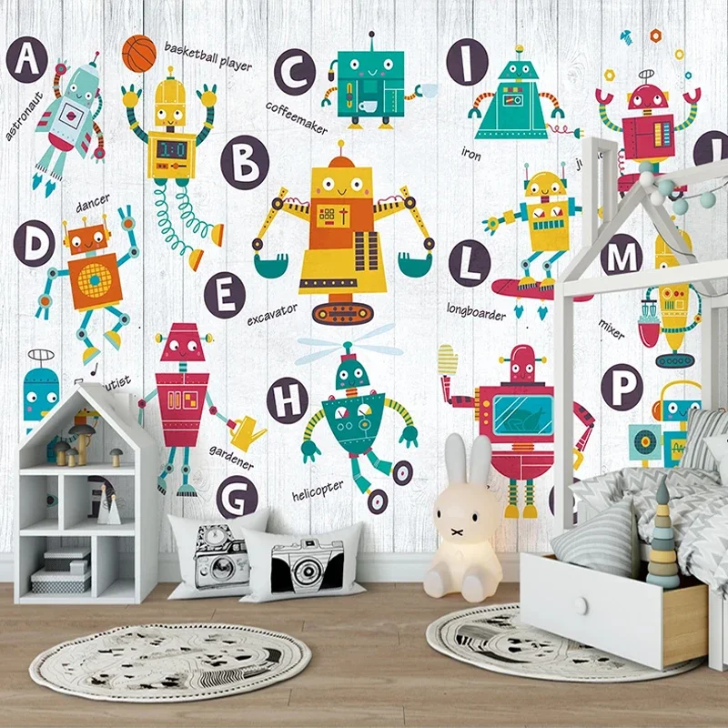 

Custom Mural Paper Cartoon Robot English Alphabet Children Room Kindergarten Baby Room Boys Bedroom Wall Decor Photo Wallpaper