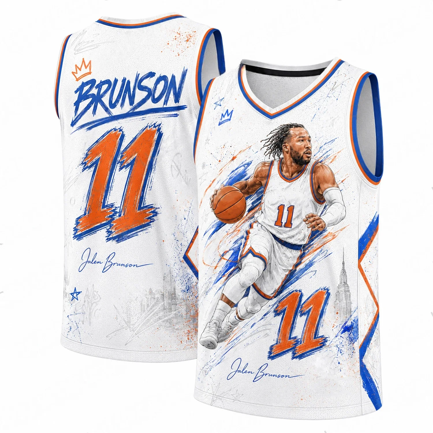 Family Match Brunson 11 New Summer Graffiti Basketball Shirt White Blue Orange Pattern Fan Tank Top Street Sports Tank Top